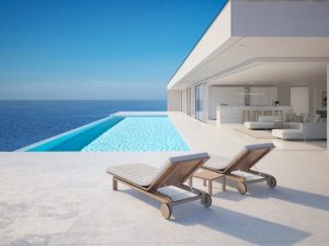 white seaside pool deck